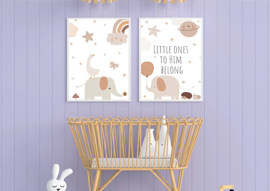 Nursery room with two wall posters featuring elephants and text, a crib, and decorative elements on a purple wooden panel wall.