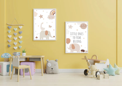A set of two framed art prints with elephants and the quote "Little ones to him belong" on a yellow wall in a child's playroom.