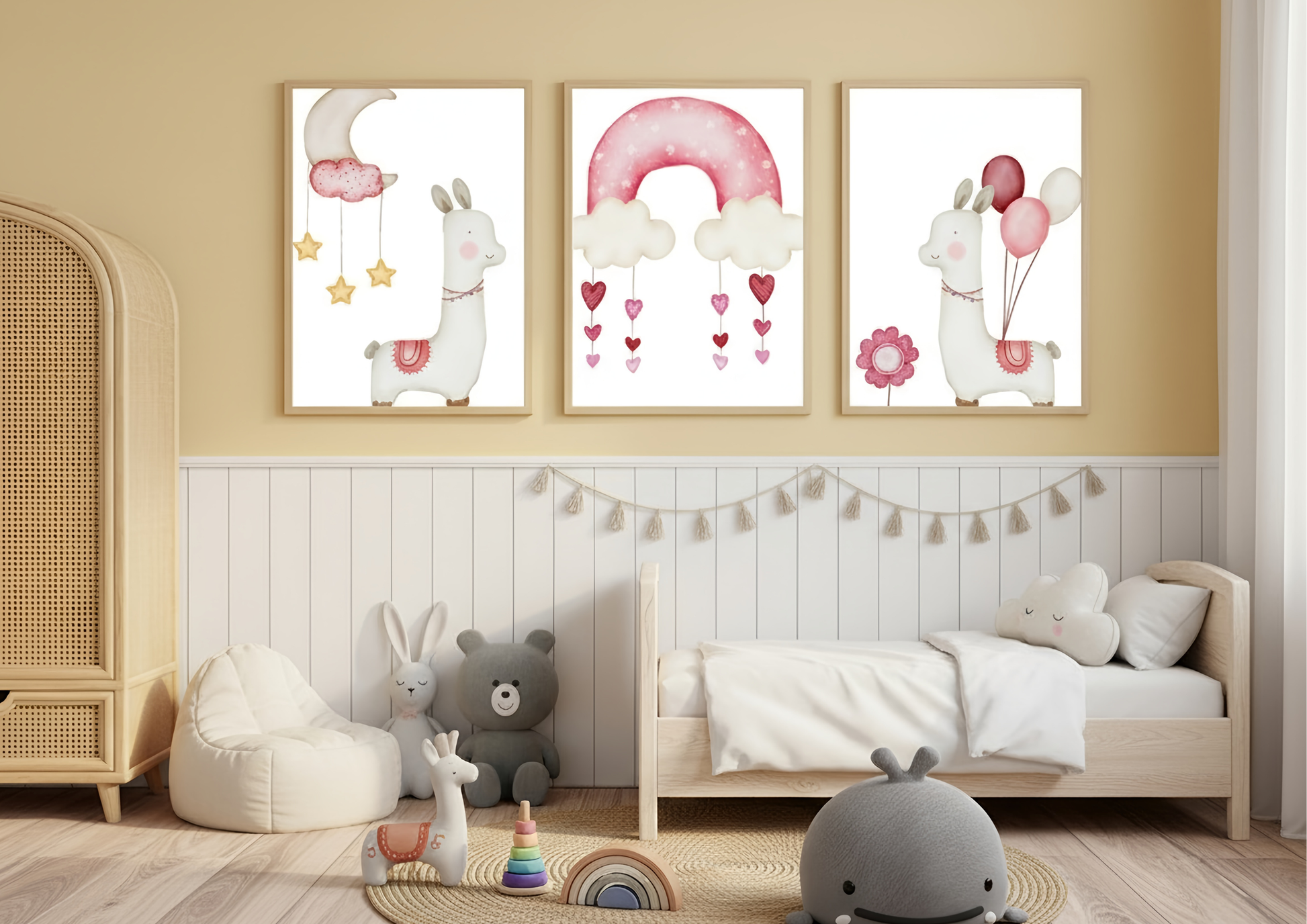 Children's room with wall art featuring llamas, a rainbow, and balloons.