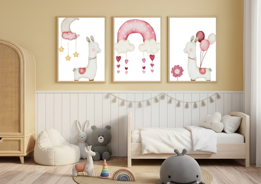 Children's room with wall art featuring llamas, a rainbow, and balloons.