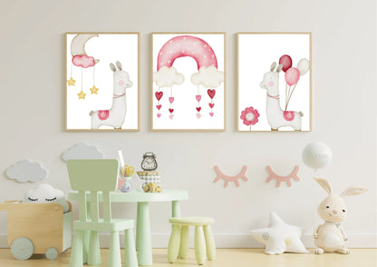 Children's room with wall art featuring llamas and balloons, green chair, and toys.