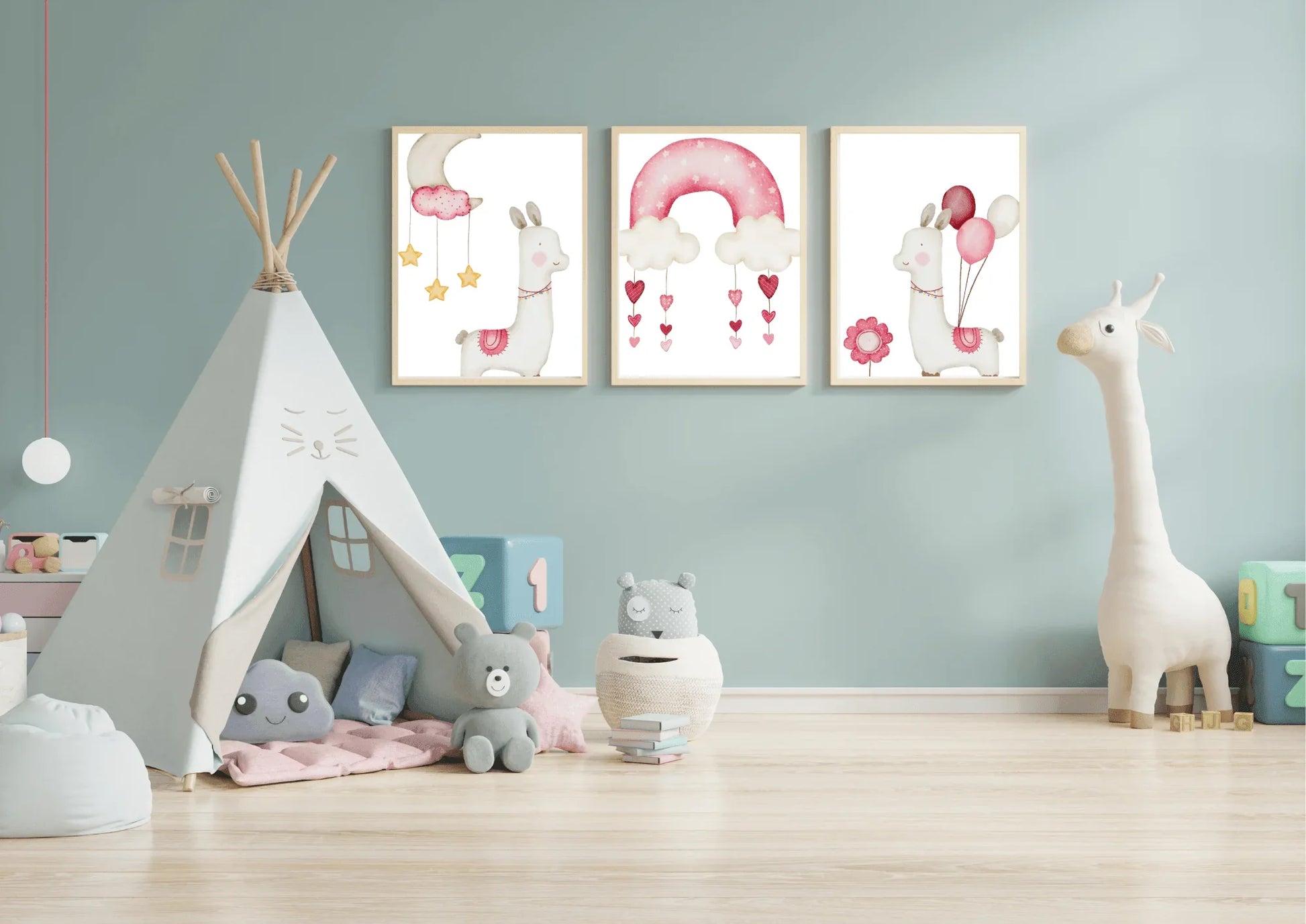 Children's room with a teepee, toys, and wall art featuring animals and balloons.