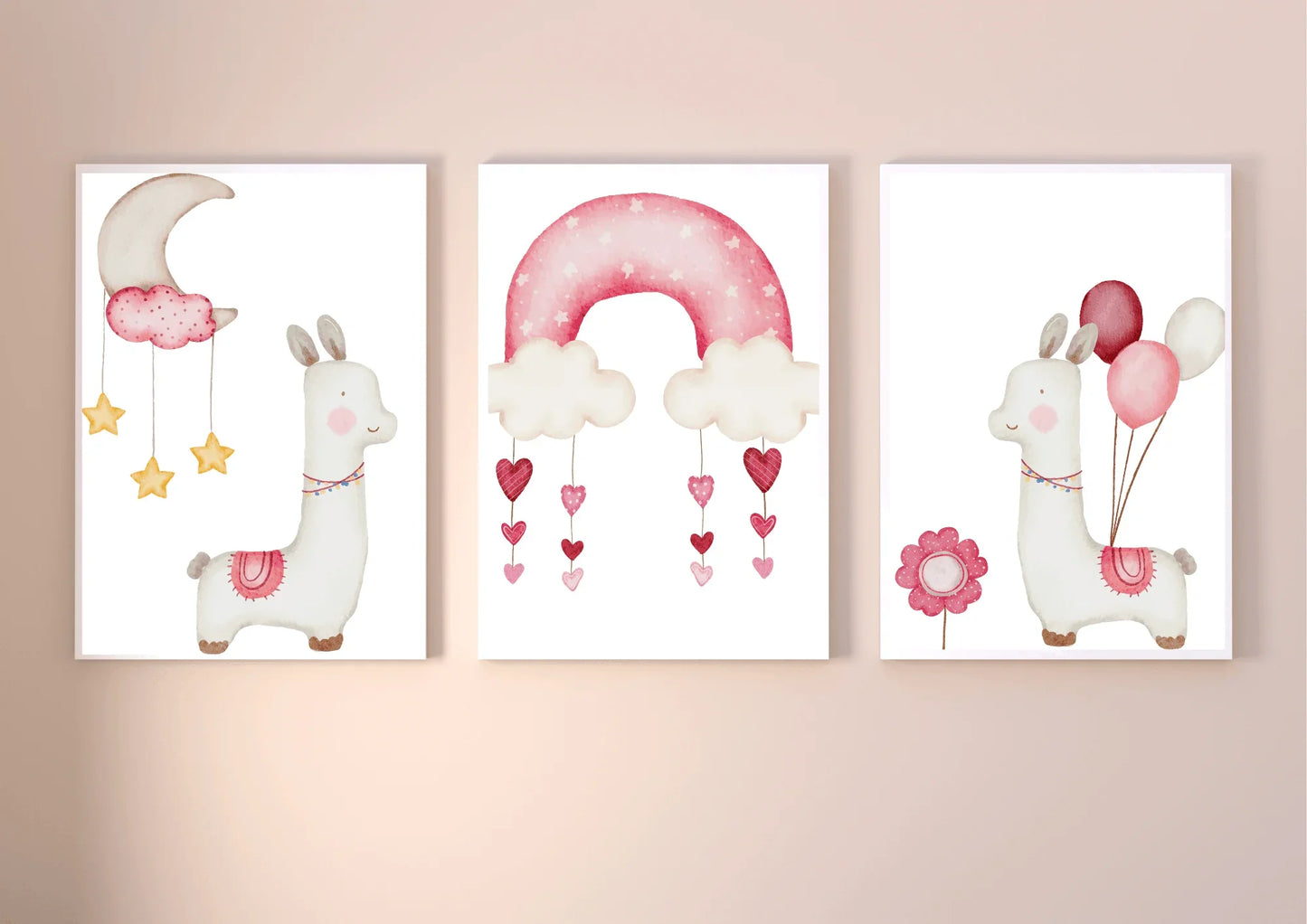 Set of three children's wall art prints featuring llamas and balloons on a beige background.
