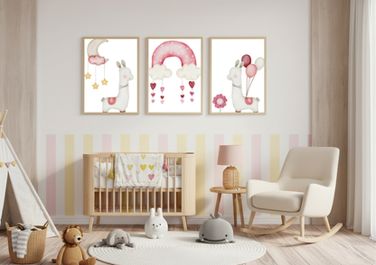 Nursery room with baby crib, rocking chair, and wall art featuring llamas and rainbows.