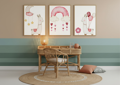 Children's room with a desk, chair, and wall art featuring cartoon animals and colorful elements.