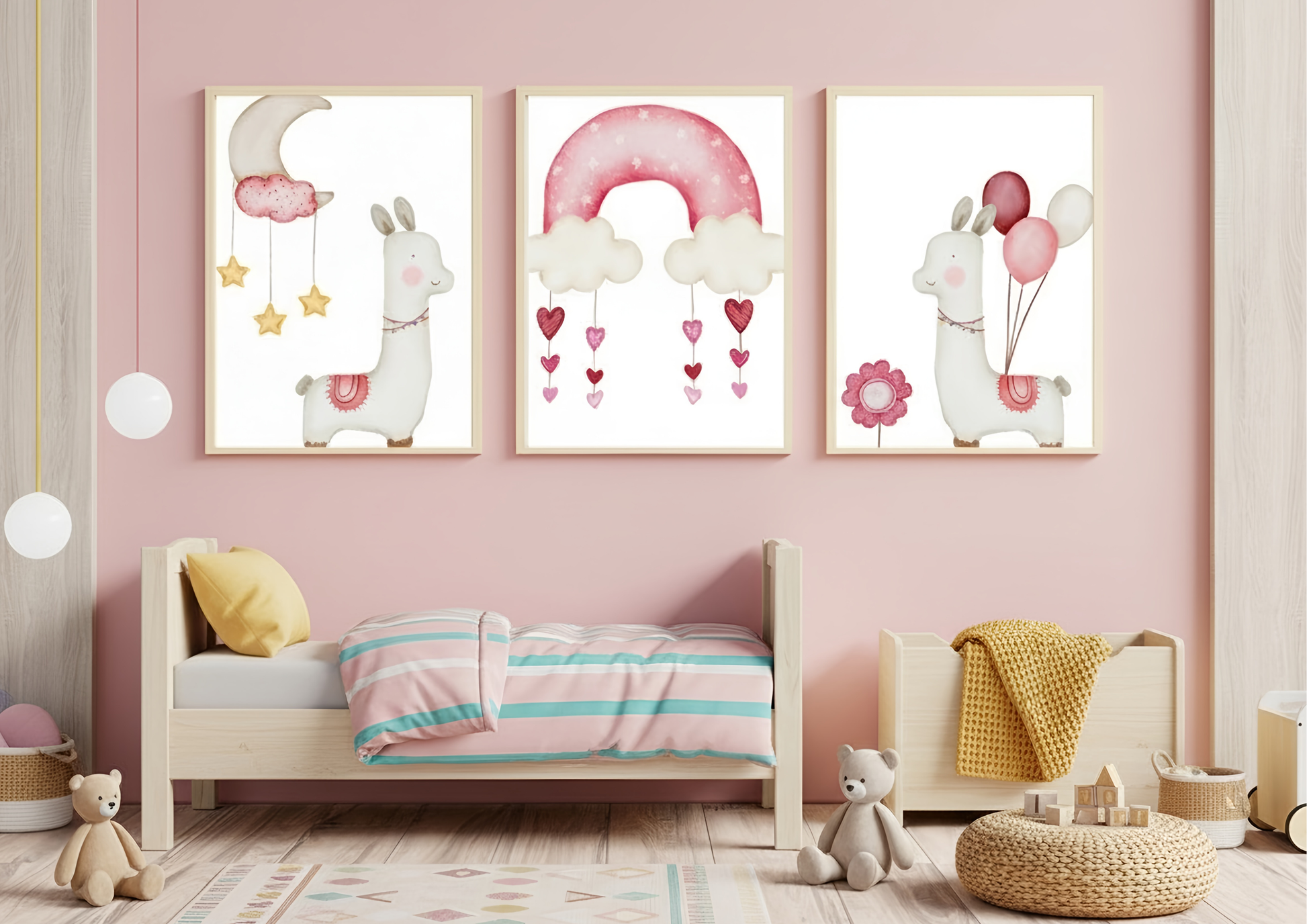 Children's room with pink walls, a bed, and wall art featuring llamas and balloons.