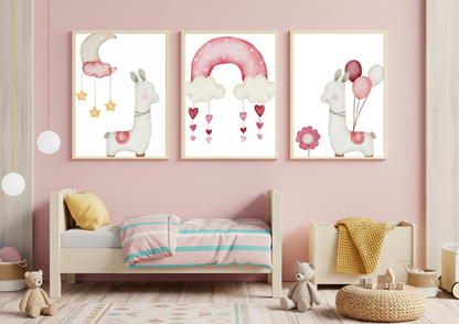 Children's room with pink walls, a bed, and wall art featuring llamas and balloons.