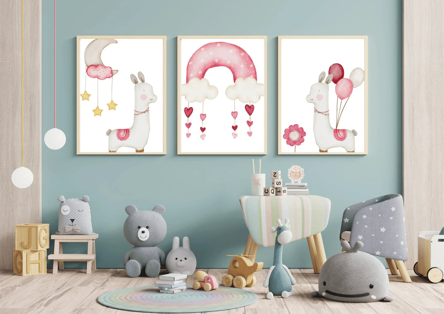 Children's room with wall art featuring llamas, toys, and a small table.