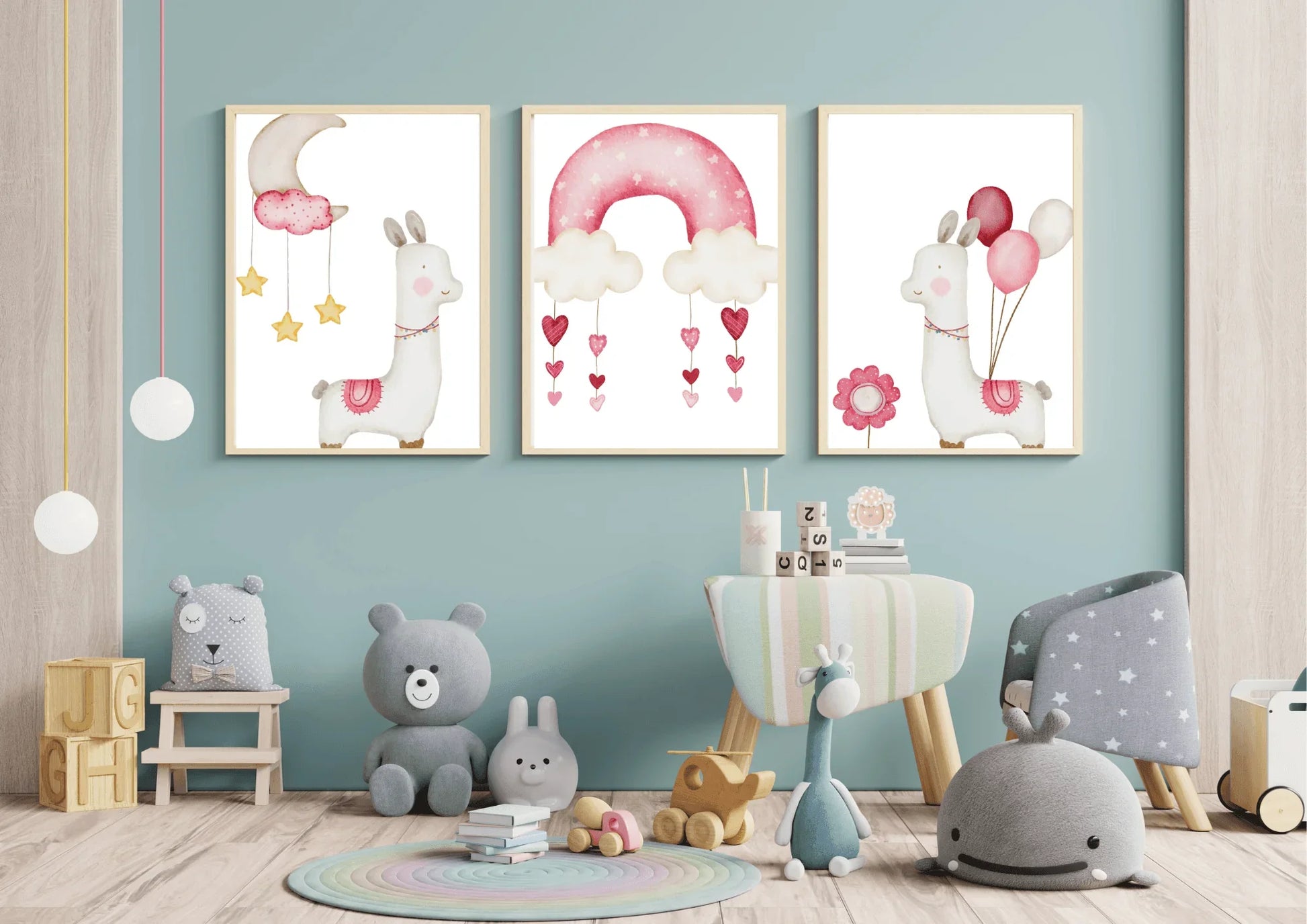 Children's room with wall art featuring llamas, toys, and a small table.