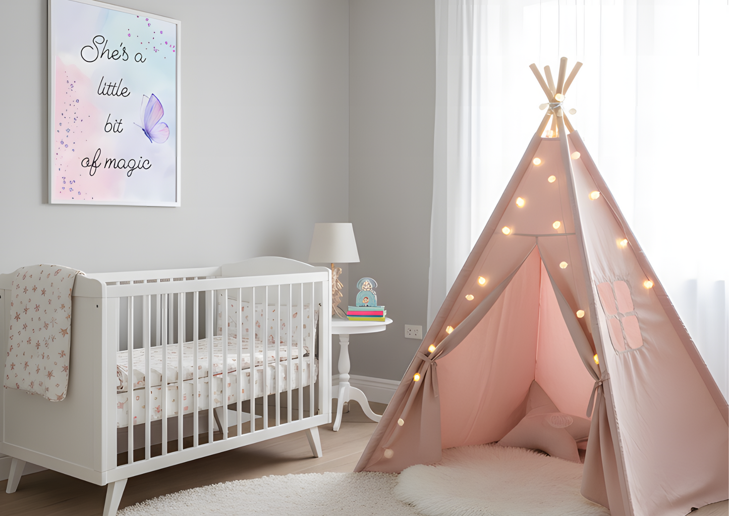 A stylish nursery with a light grey wall. A pink teepee tent with a string of lights is set up against the wall, with a framed art print that says "She's a little bit of magic" hanging above it. A small, round white rug is in front of the teepee, and a rocking horse is visible to the side.