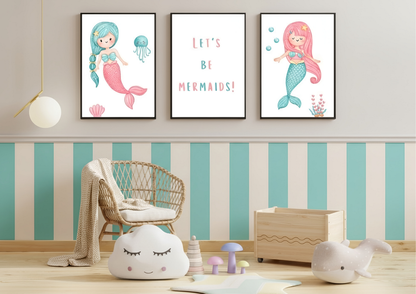 Children's room with mermaid-themed wall art and striped wallpaper.