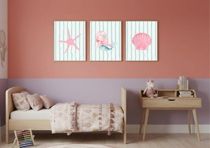 Children's room with a bed, desk, and wall art featuring a mermaid and sea-themed elements.