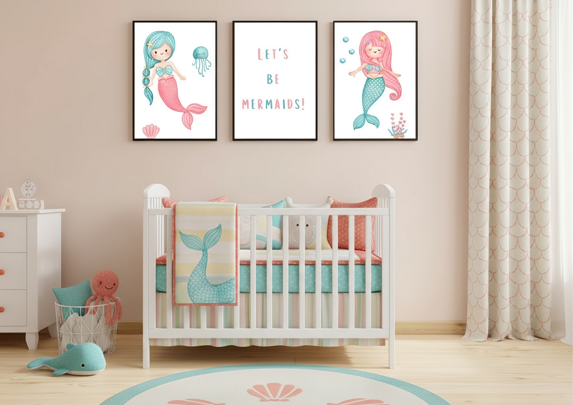 Nursery room with mermaid-themed decor, including posters and bedding.