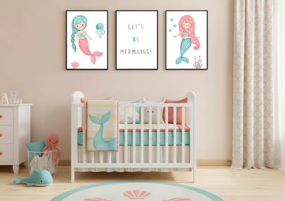Nursery room with mermaid-themed decor, including posters and bedding.
