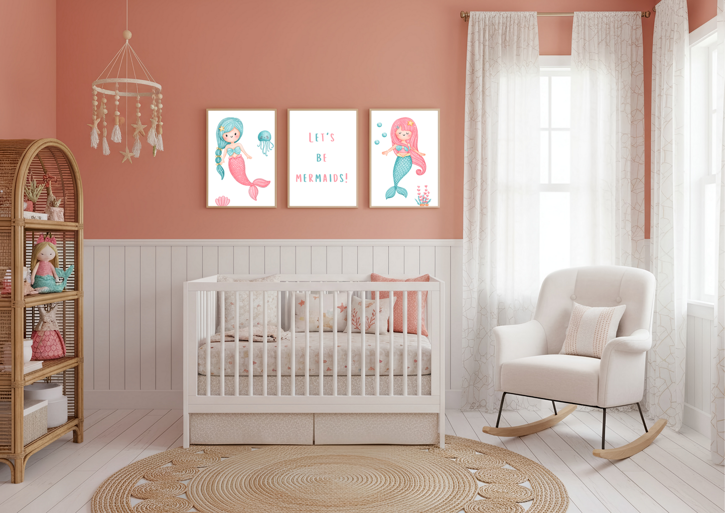 Nursery room with white crib, rocking chair, and decorative elements on a pink wall.