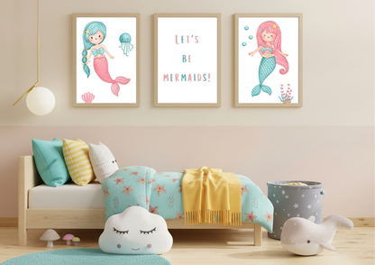 Children's room with mermaid-themed wall art and bedding.