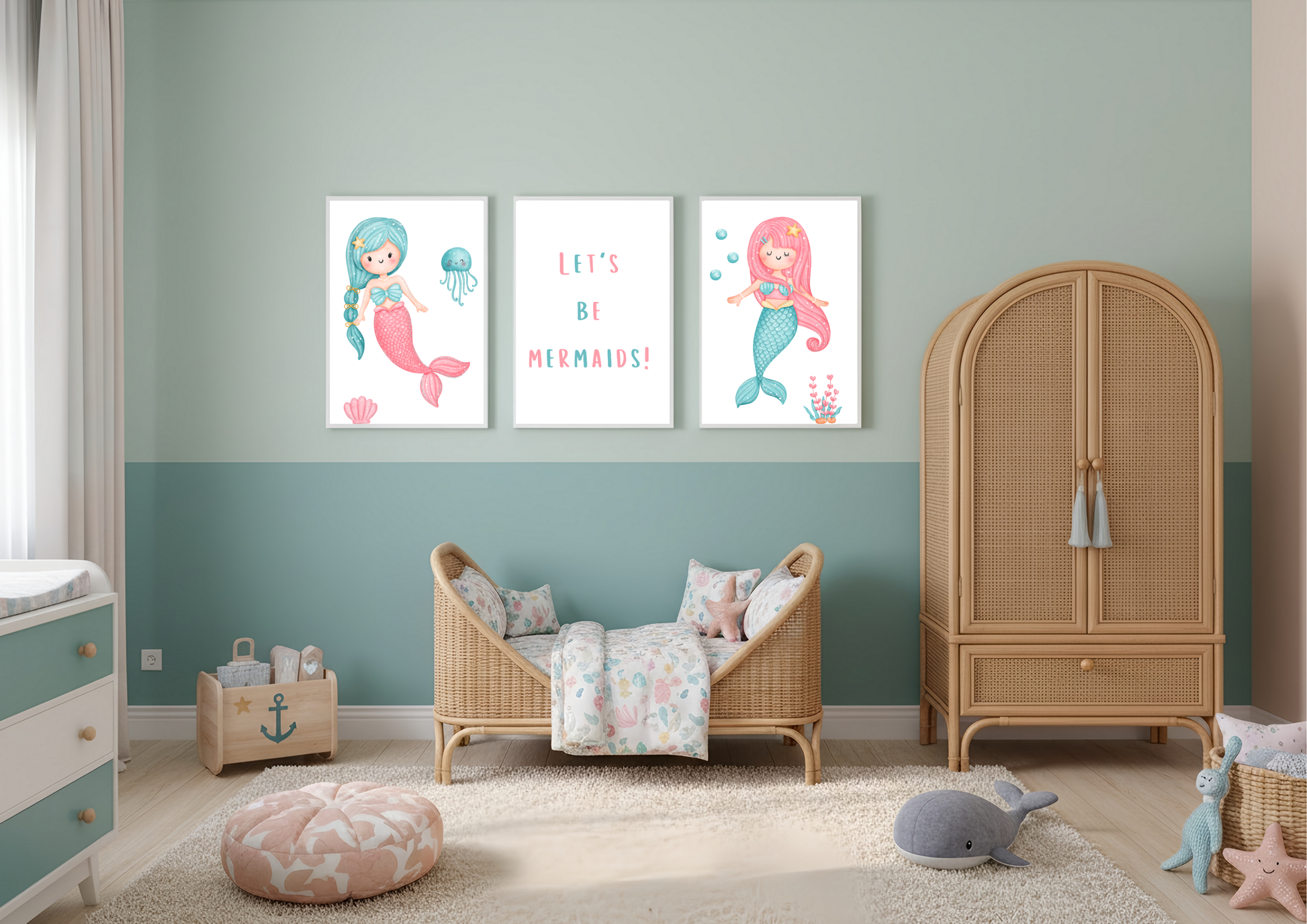Nursery room with wicker crib, wardrobe, and mermaid-themed wall art.