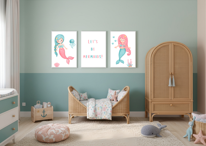 Nursery room with wicker crib, wardrobe, and mermaid-themed wall art.