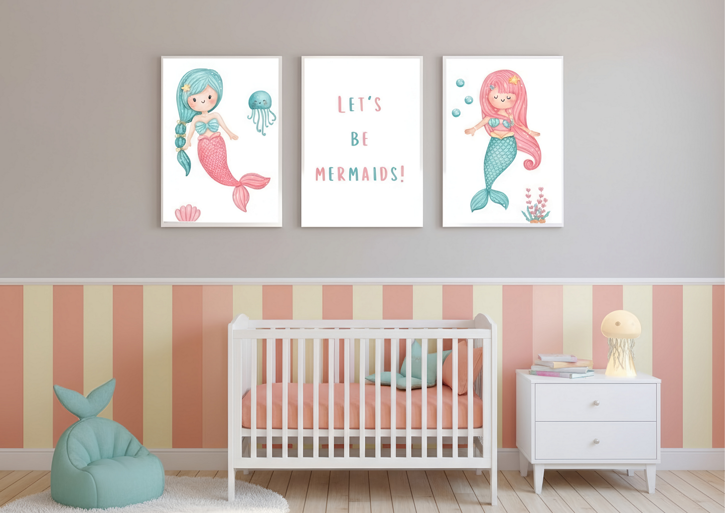 Nursery room with mermaid-themed wall art above a crib.