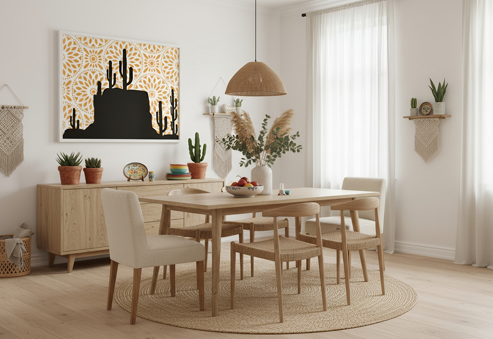 Dining room with wooden table and chairs, decorative plants, and a cactus artwork on the wall.