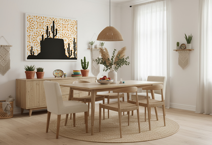 Dining room with wooden table and chairs, decorative plants, and a cactus artwork on the wall.