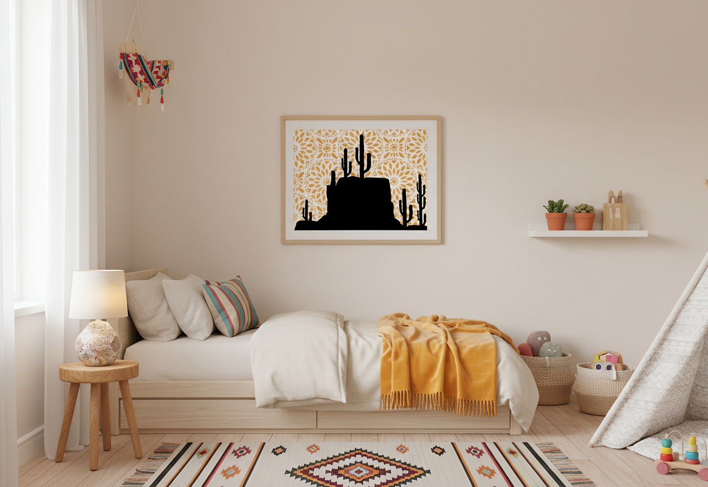 Children's bedroom with a bed, lamp, and wall art featuring cacti.