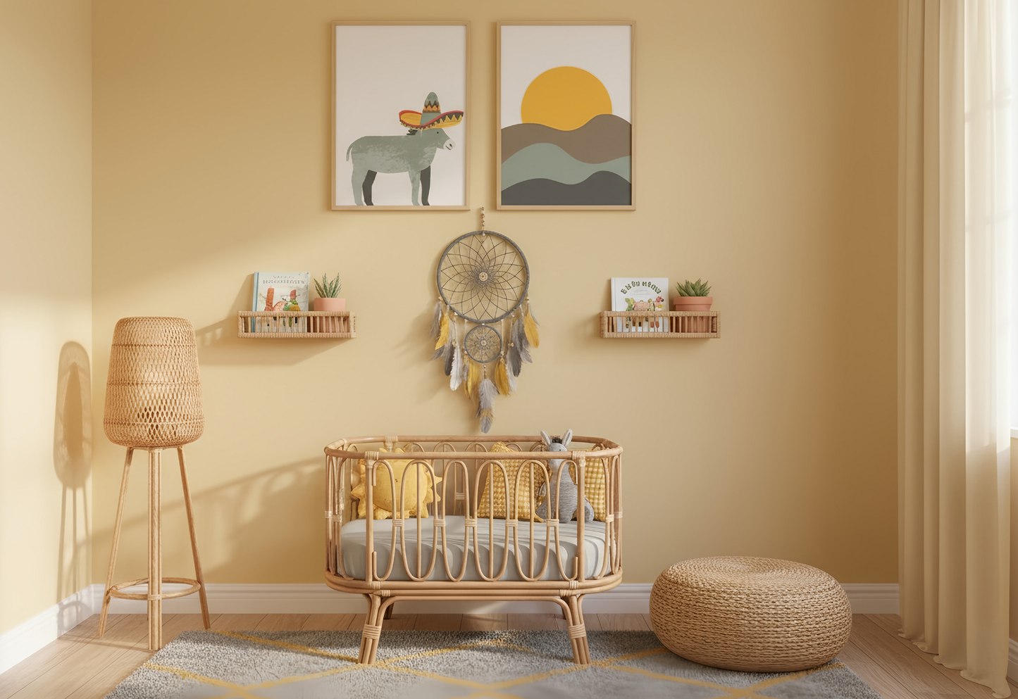 A cozy Boho-themed nursery with soft yellow walls and natural wood furniture. Two framed art prints hang above a wicker dreamcatcher: one featuring a donkey wearing a sombrero, and the other a minimalist desert landscape with a setting sun. Below them is a natural rattan crib with yellow and gray bedding, a matching rattan floor lamp on the left, and a round wicker pouf on the right.