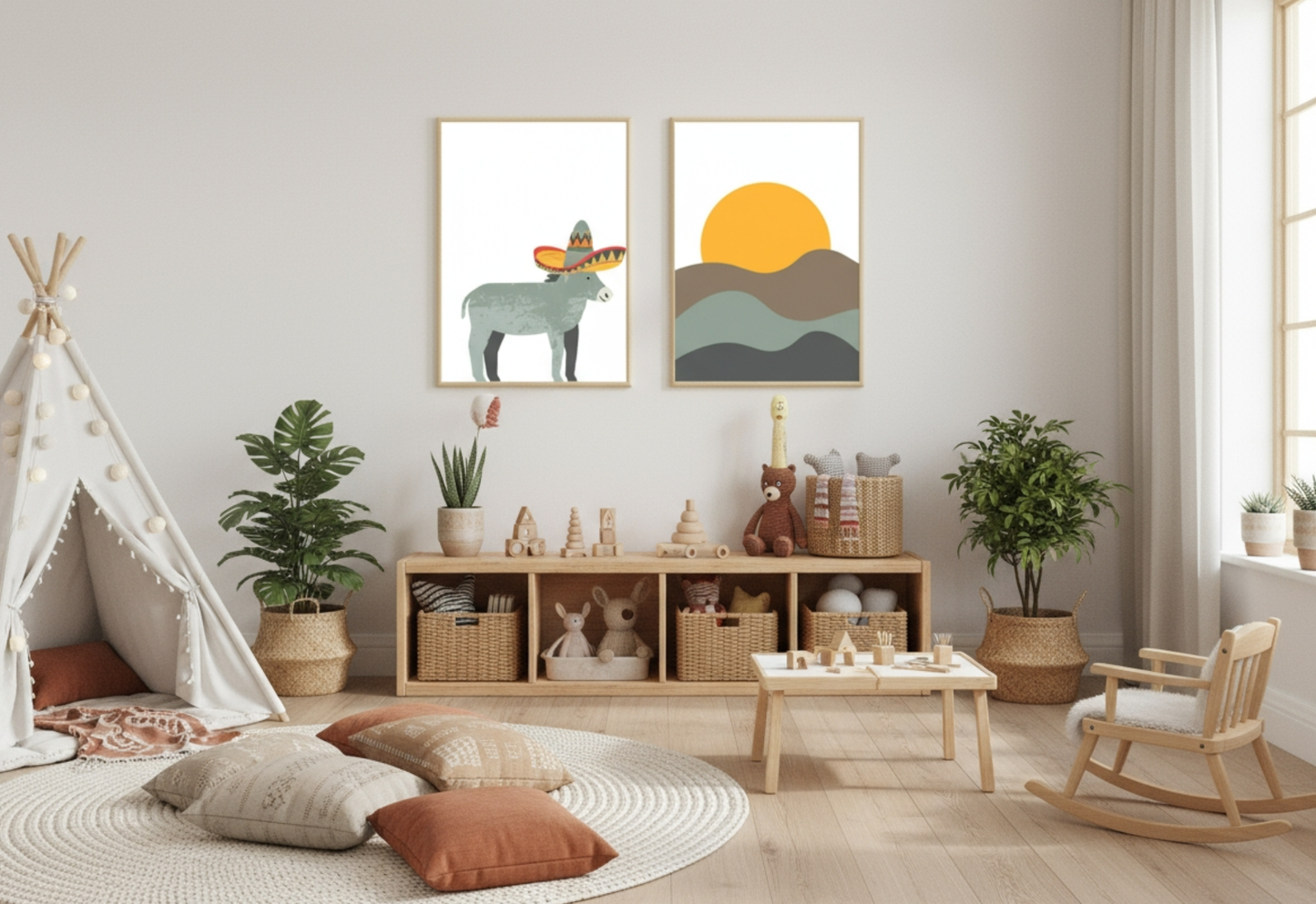 A neutral-toned, Boho-style playroom or nursery. Two framed prints hang above a low, light wood cubby shelf: one features a donkey wearing a sombrero, and the other a minimalist sunset over rolling hills. The room includes a large white teepee on the left, a circular rug with rust-colored pillows, indoor plants in wicker baskets, a small child's table and chairs, and a small wooden rocking chair.