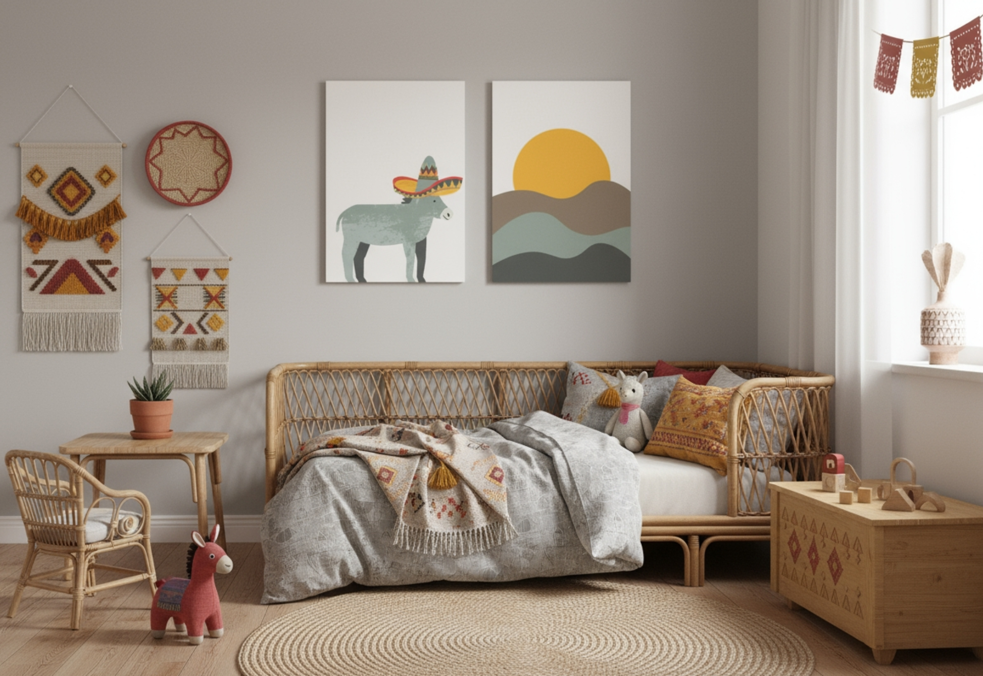A child's room decorated in a Boho Southwestern style. The walls are light gray, and two canvas prints hang above a rattan daybed: one of a donkey wearing a sombrero, and one of a desert sun and rolling hills. The room includes several woven wall hangings, a small terracotta planter on a wooden table, a wooden toy chest, and a pink donkey plush toy. A round jute rug is centered on the floor.
