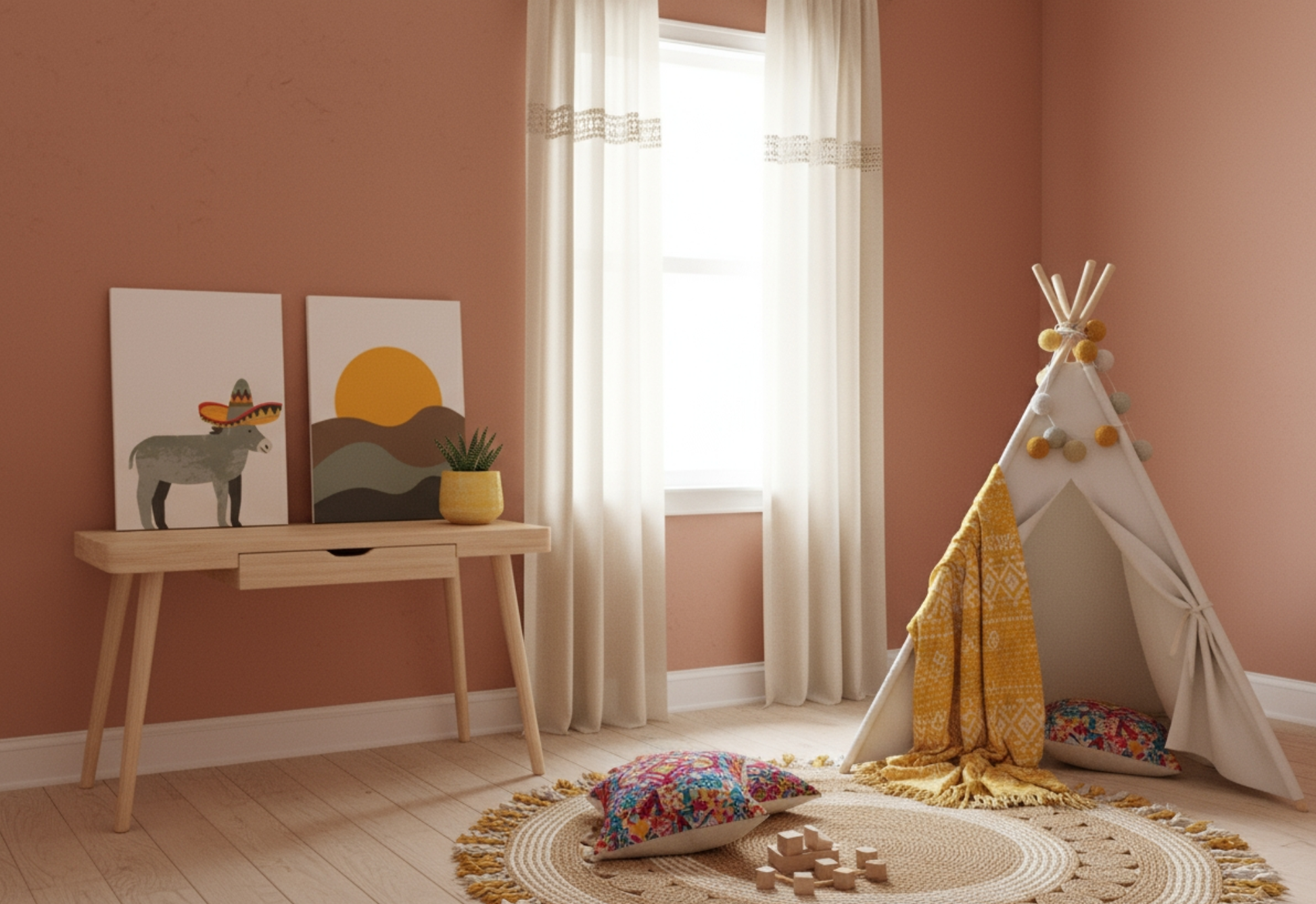 A child's room featuring terracotta-colored walls and a bright window with sheer, cream-colored curtains. Two art prints, one of a sombrero donkey and the other of a desert sun and hills, rest on a light wood writing desk. To the right is a white teepee decorated with colorful pom-poms, a yellow patterned blanket, and colorful pillows, sitting on a round jute rug with tassels.