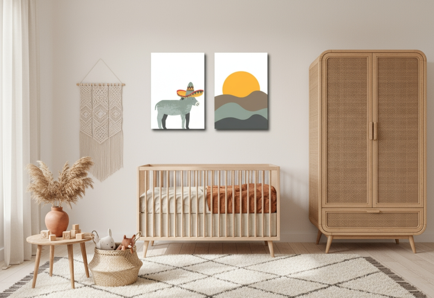 A bright, minimalist Boho nursery with cream-colored walls and soft natural lighting. Two canvas prints hang above a light wood crib: one features a donkey wearing a sombrero, and the other a minimalist sun setting over rolling hills. To the right is a tall rattan cabinet or armoire. To the left is a macrame wall hanging and a small wooden side table with a vase of pampas grass and children's toys.