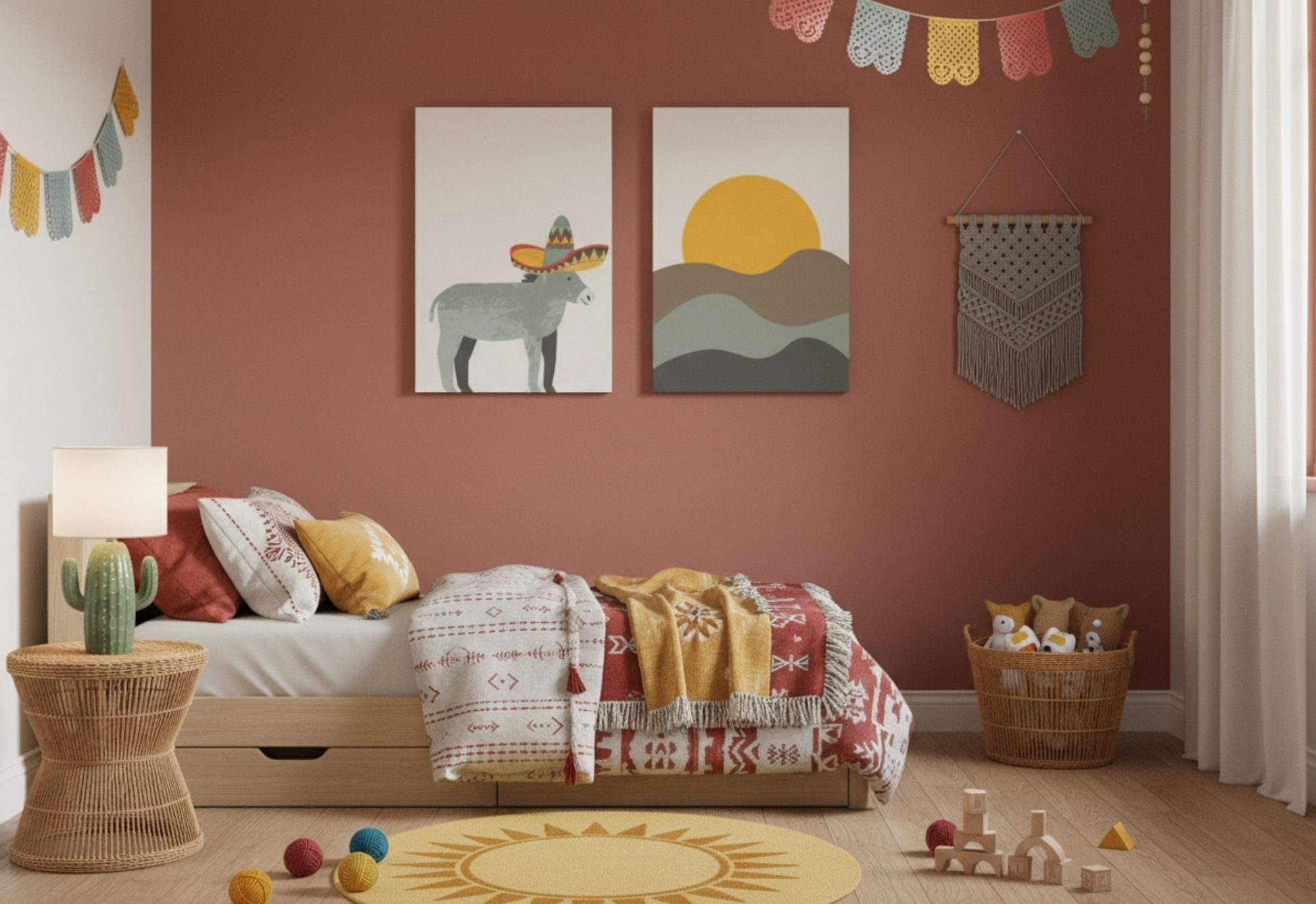 A child's room with terracotta-colored walls decorated in a Southwestern style. Two canvas prints hang above a low wooden bed: one depicting a donkey wearing a sombrero, and the other a minimalist sun setting over rolling hills. The bed is covered with patterned blankets and pillows. The room includes colorful papel picado banners, a macrame wall hanging, a round yellow sun rug, a rattan side table with a cactus lamp, and a basket of toys.