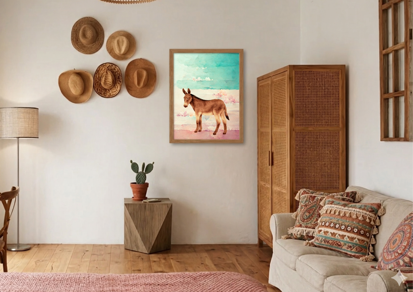 Living room with a southwestern donkey painting on the wall, wooden cabinet, and decorative pillows.