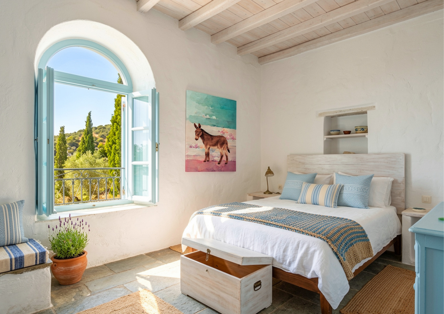 Bedroom with large window, bed with blue pillows, and southwestern donkey wall art.