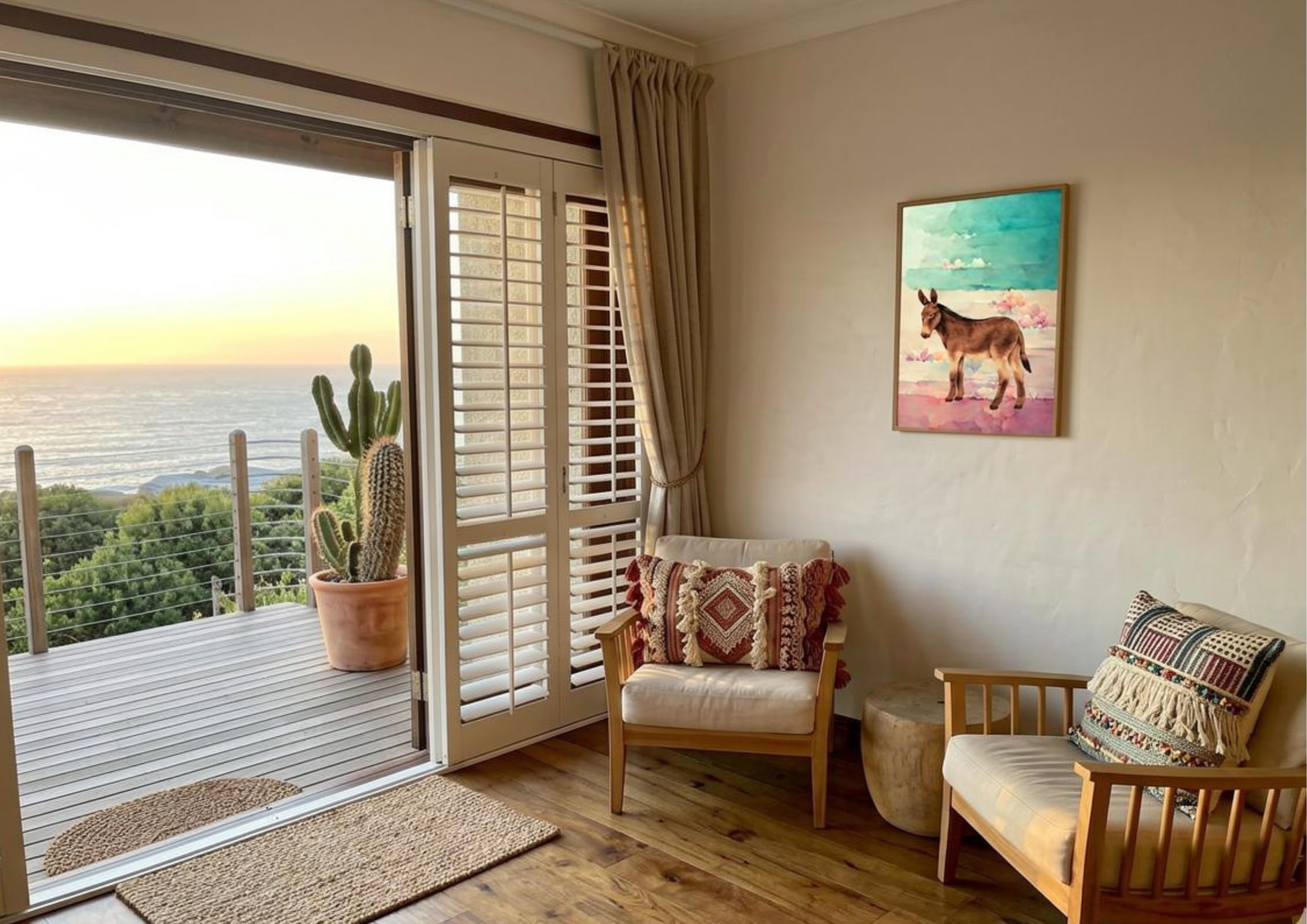 Living room with ocean view, wooden chairs,and southwestern donkey wall art.