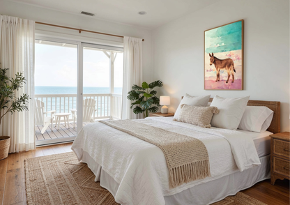 Cozy bedroom with a bed, artwork, and view of the ocean, and southwestern donkey wall art.