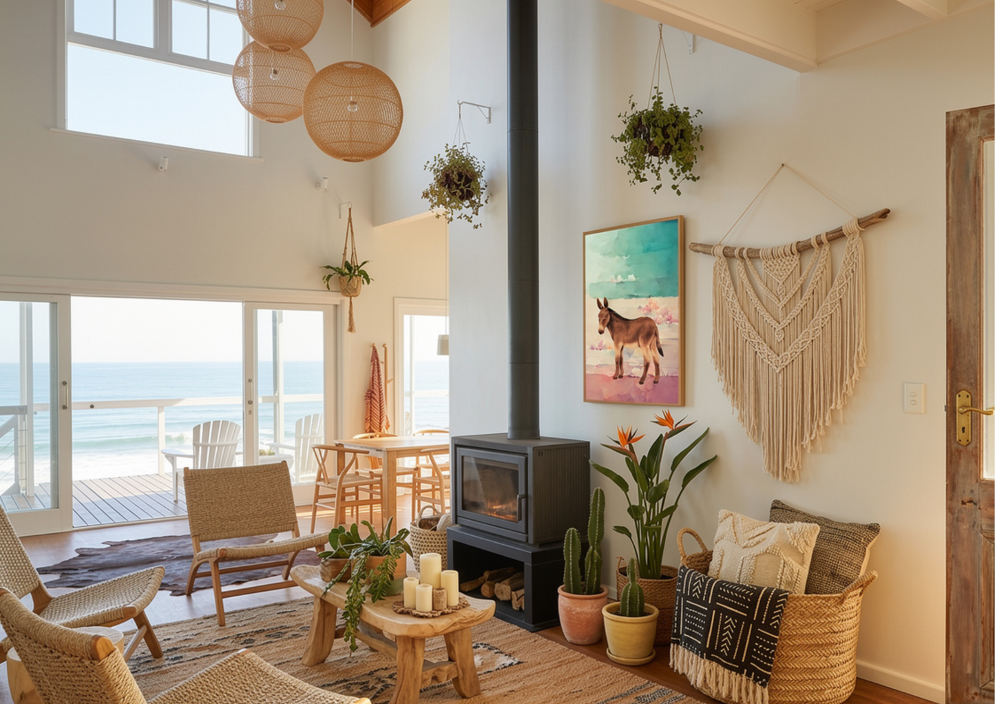 Cozy living room with a fireplace, plants, and a view of the ocean,and southwestern donkey wall art.
