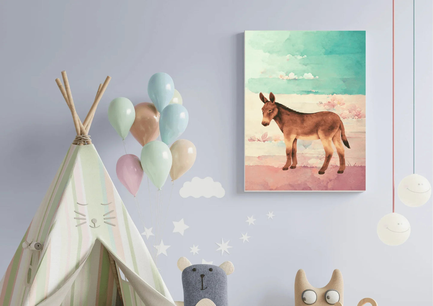 Children's room with a teepee, balloons, and a wall painting of a donkey.