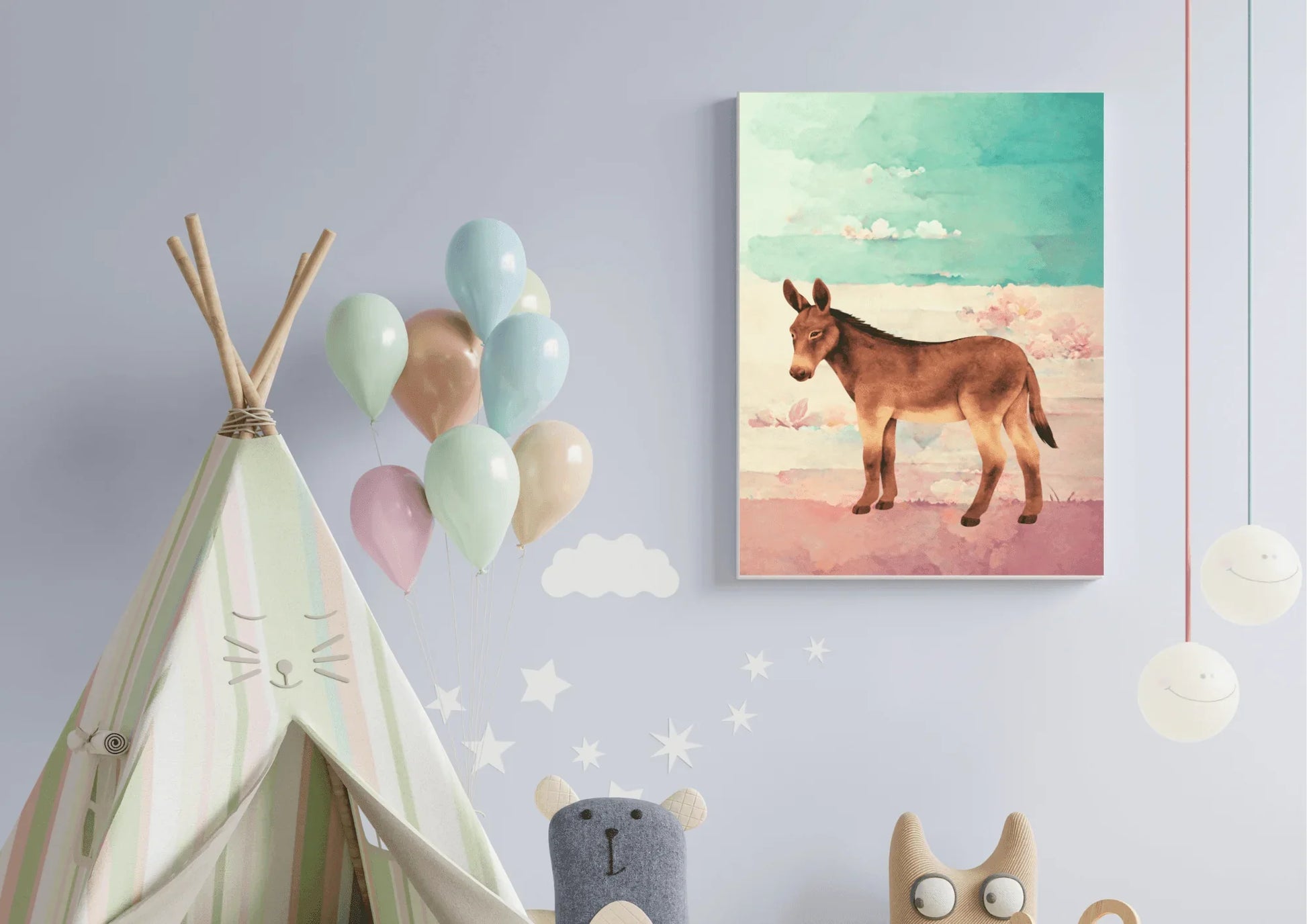 Children's room with a teepee, balloons, and a wall painting of a donkey.