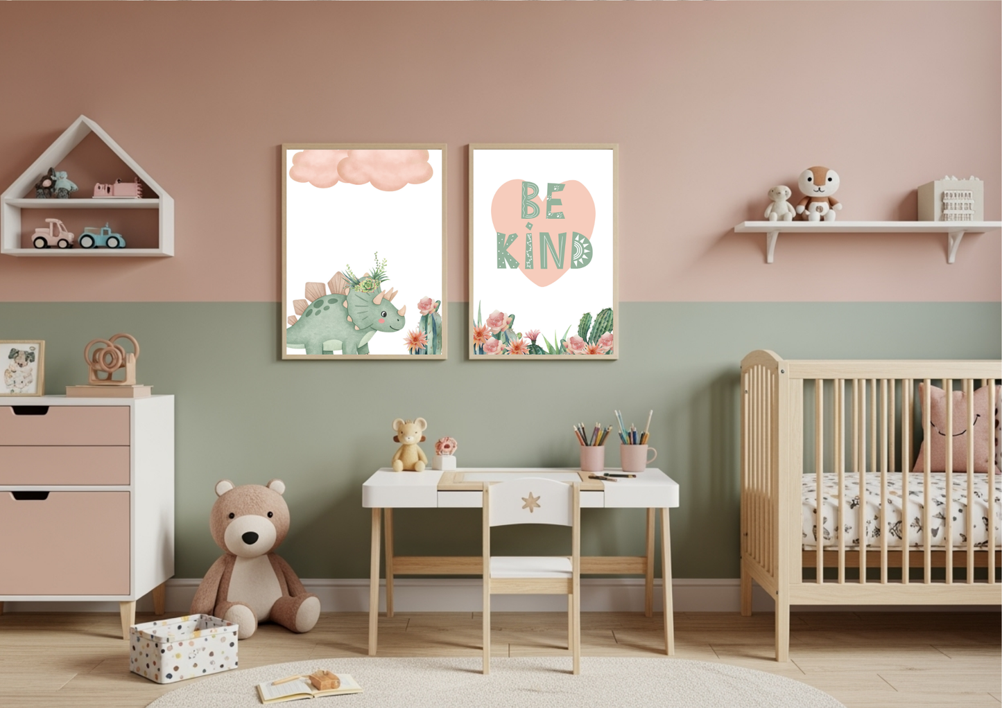 Two framed Mint Pink Dino Nursery Wall Art prints, featuring a dinosaur and a Be Kind quote, in a pastel child's bedroom.