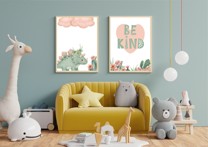 Mint Pink Dino Nursery Wall Art Set prints displayed above a yellow velvet couch in a bright, modern playroom with blue walls.
