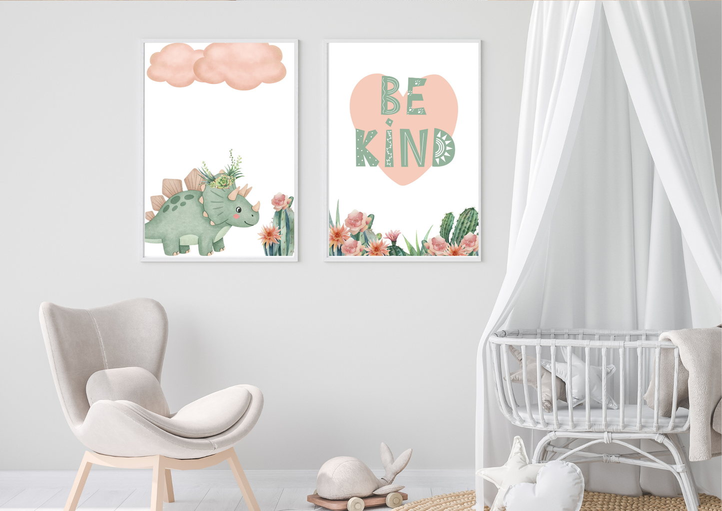 Mint Pink Dino Nursery Wall Art Set prints hanging in a calm, modern baby's room with a white crib and canopy.