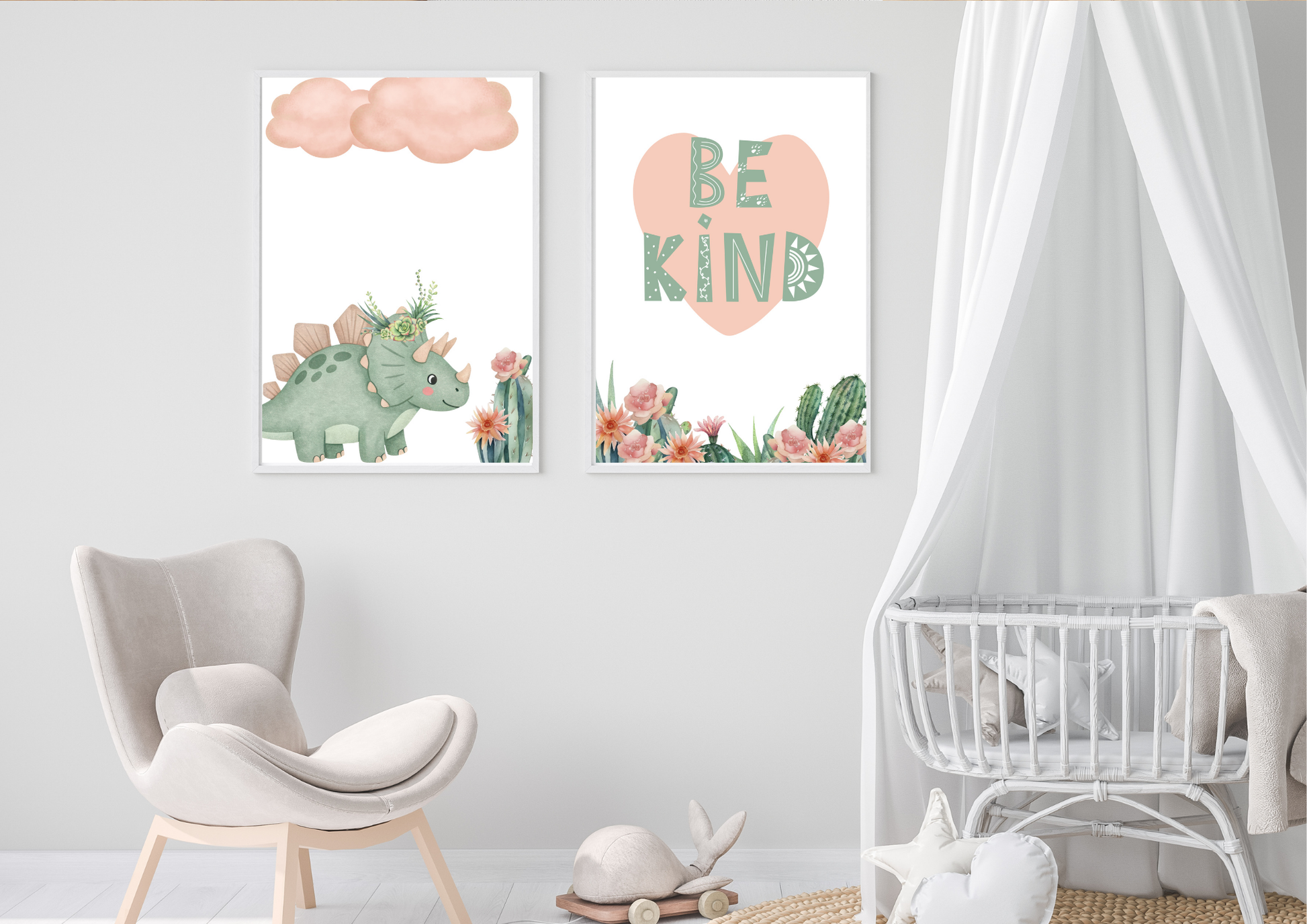 Mint Pink Dino Nursery Wall Art Set prints hanging in a calm, modern baby's room with a white crib and canopy.