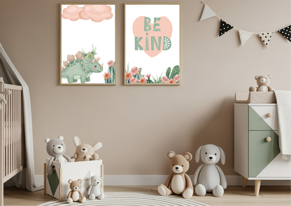 Mint Pink Dino Nursery Wall Art Set prints displayed above a toy chest and a crib with a neutral wall color.