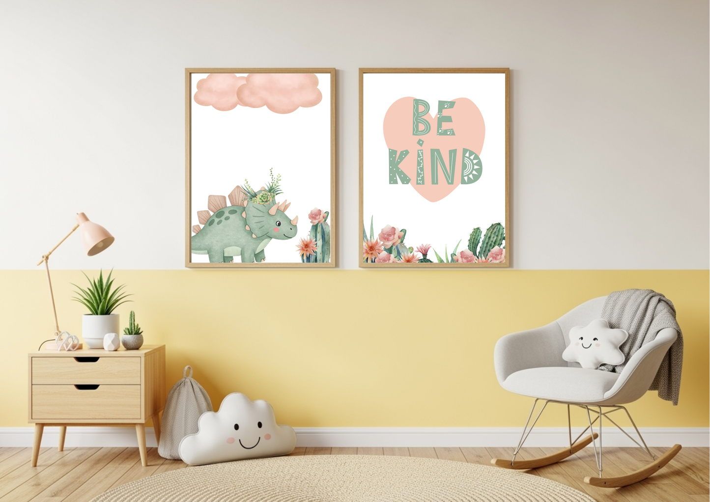 Mint Pink Dino Nursery Wall Art prints hung above a bedside table and yellow wall split in a rocking chair vignette.
