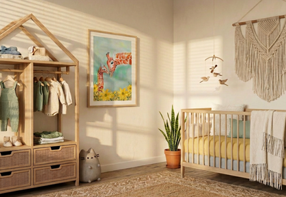 Nursery room with wooden crib, wardrobe, and giraffe wall art.