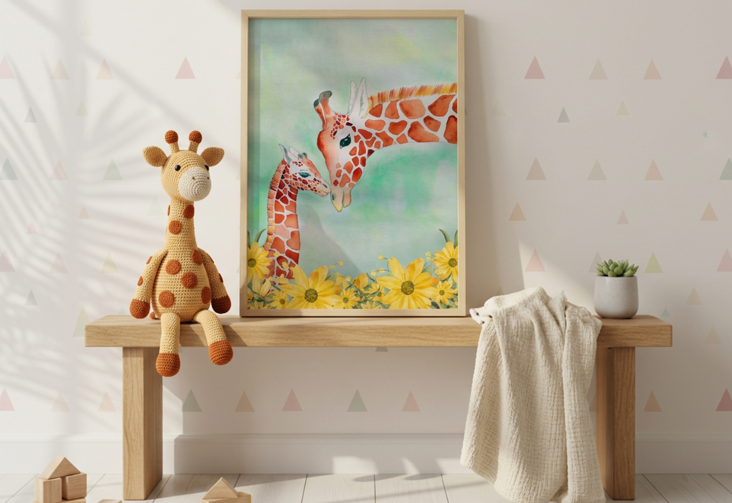 Children's room with a wooden bench, plush giraffe toy, and framed artwork of giraffes.