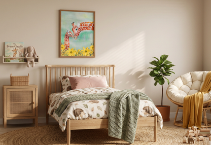 Children's bedroom with wooden bed, animal-themed bedding, and giraffe artwork on the wall.
