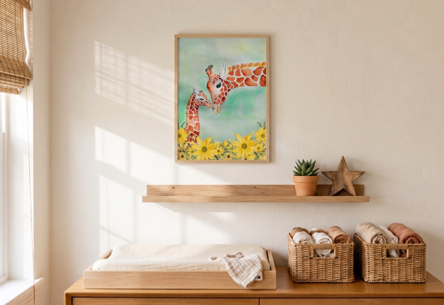 Nursery room with a painting of a giraffe and flowers on a wall above a changing table.