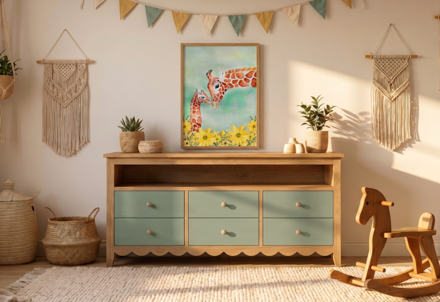 Wooden dresser with green drawers in a room decorated with plants, a rocking horse, and giraffe wall art.